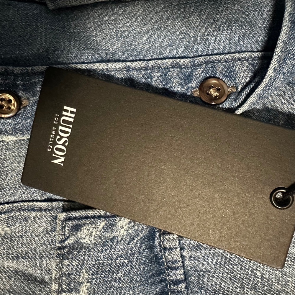 Hudson Jeans Denim Cropped Distressed Frayed Hem Button Down Shirt Jacket SM - Picture 5 of 8